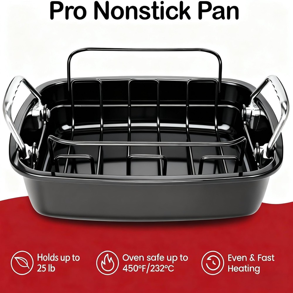 Large Nonstick Roasting Pan Kit with Rack (17x13 Inch) - Includes Baster, Pas...
