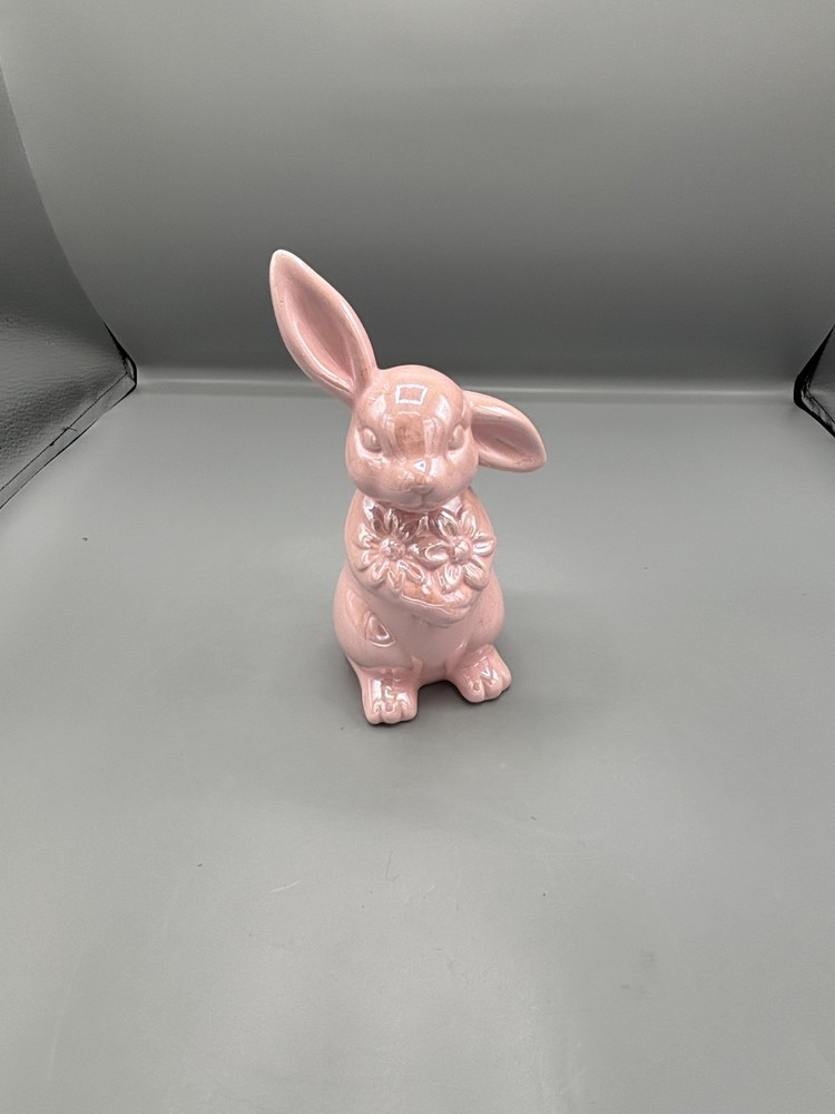 Glossy pink ceramic Easter bunny with carrot