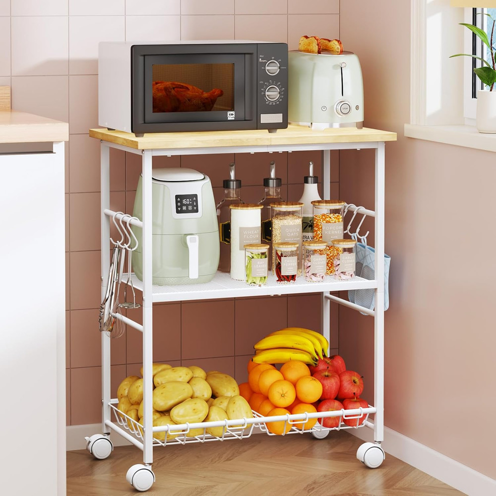 Rolling Kitchen Microwave Cart - 3 Tier Microwave Table Stand with Storage Baske