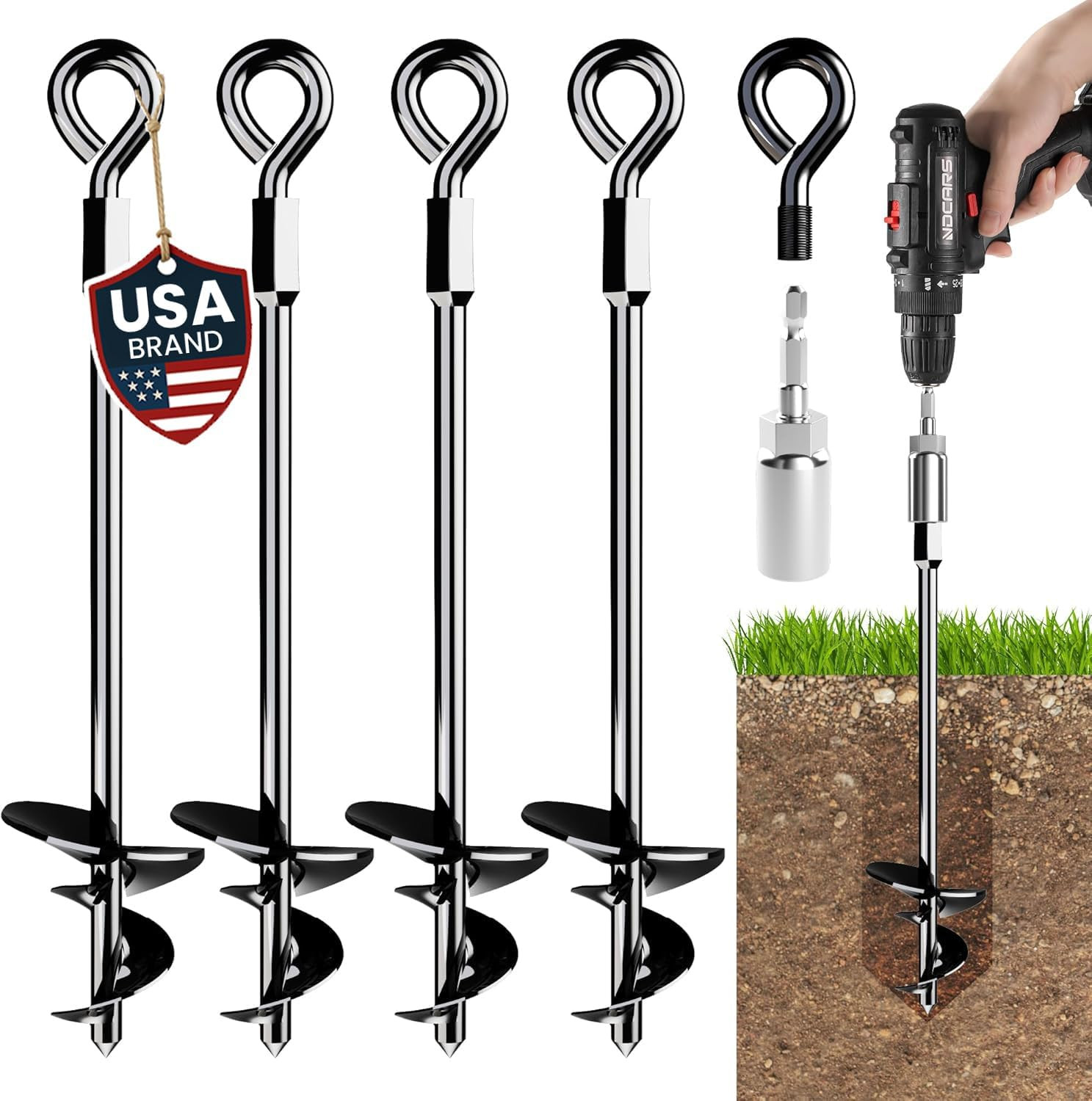 15" Ground Anchors Screw-In - Heavy Duty for High Winds - Ground Stakes - Earth