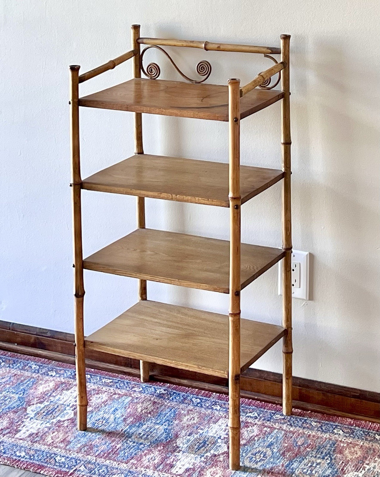 Antique Bamboo & Oak Etagere Curio Plant Fern Stand Book Shelf