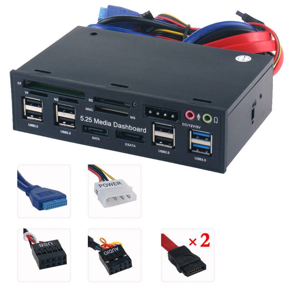 5.25" PC Front Panel Dashboard Media USB 3.0 Hub Audio Esata SATA Card Reader