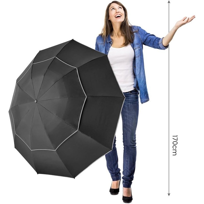 Windproof Compact Golf Umbrella Automatic Open Close Inverted Fold Double Canopy