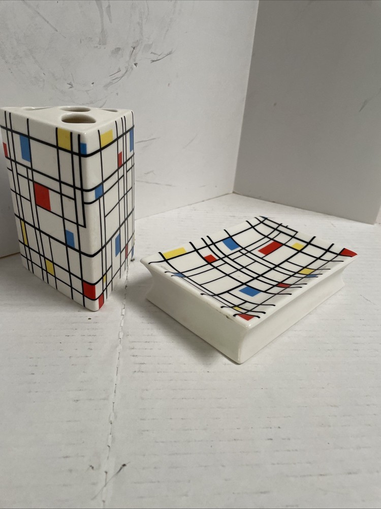 Piet Mondrian style triangular ceramic toothbrush holder and soap dish