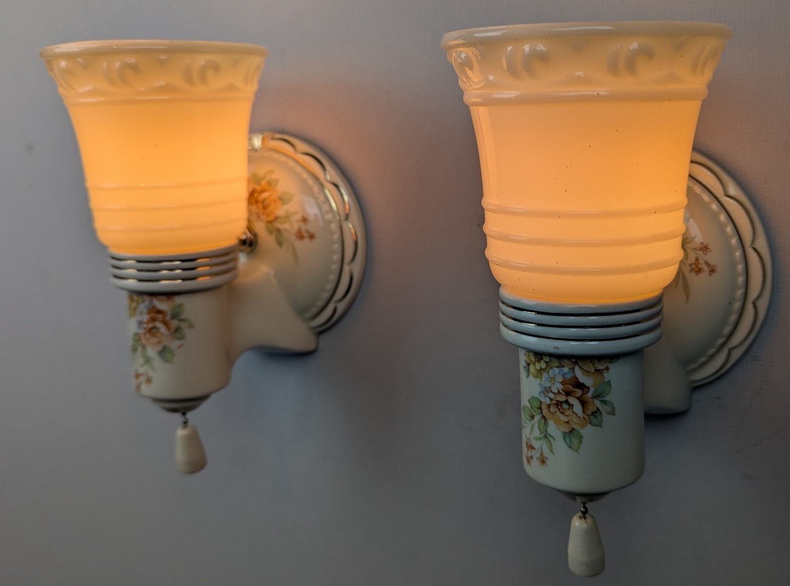 Restored Pair Porcelier Art Deco-MCM Porcelain Sconces, Glass Shades, Excellent!