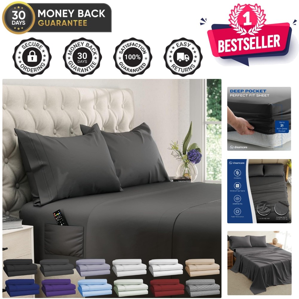 Elegant Queen Sheet Set - 100% Microfiber, Cooling Comfort, Side Pocket, Gray
