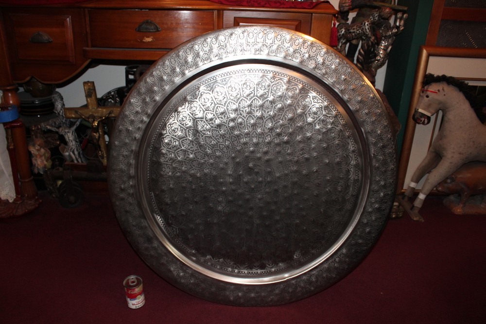 HUGE Arabic Middle Eastern Silver Metal Circular Table Top Wall Decor Engraved