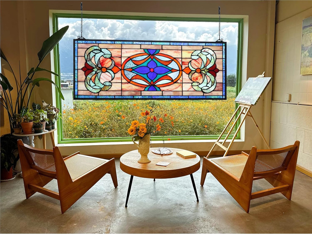 Extra Large Blue Victorian Stained Glass Transom Window Panel 30" X 12