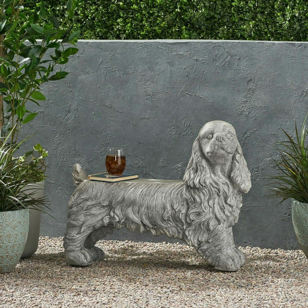 Outdoor Cast Stone Cocker Spaniel Dog Bench, Gray