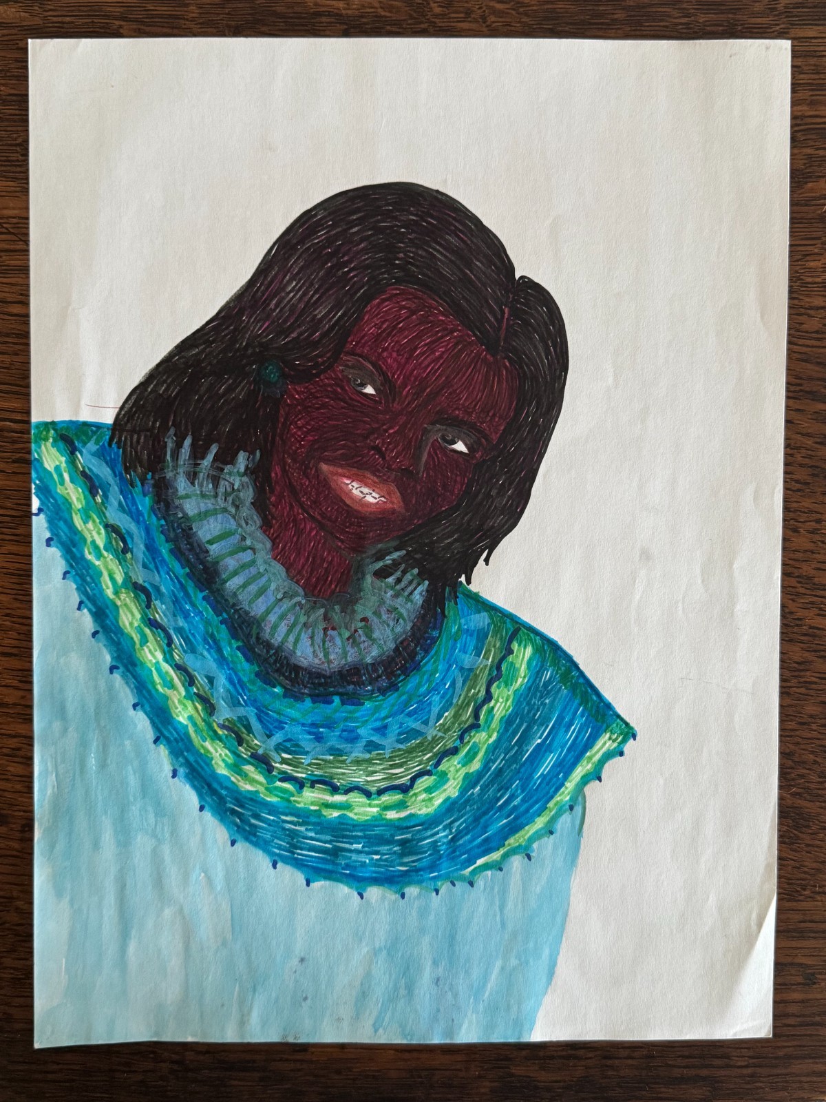 Original Young African-American Woman Pen Marker Portrait Drawing 9"x12"