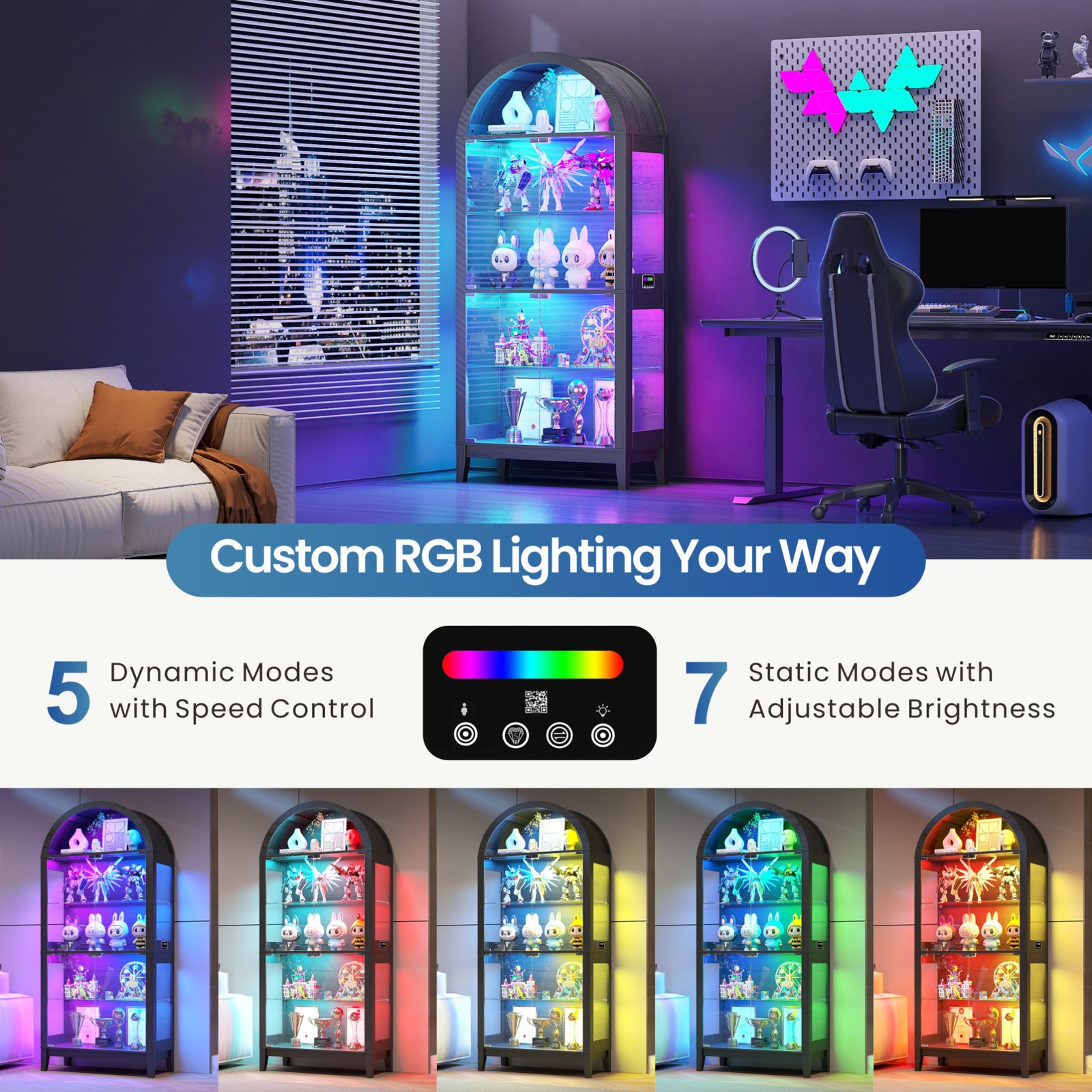 Black Curio Cabinet with Glass Doors, 69" Arched Display Cabinet with RGB Lights