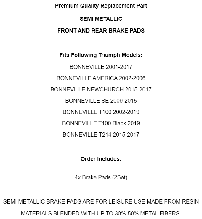 Caltric Front and Rear Brake Pads for Triumph Bonneville / T100 2001-2019