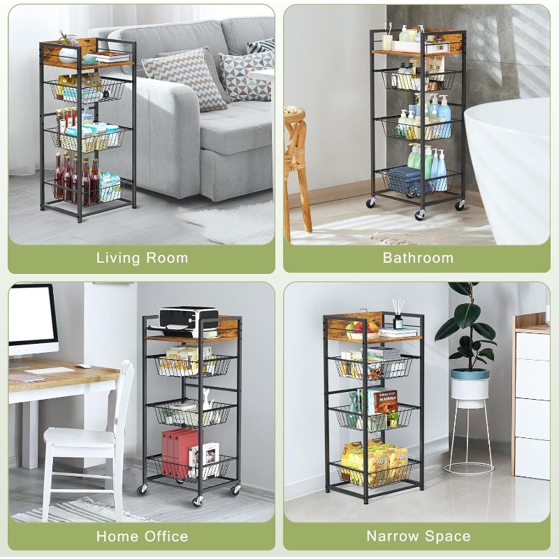 4-Tier Kitchen Rolling Storage Cart w/Pull-Out Baskets Microwave Table Stand