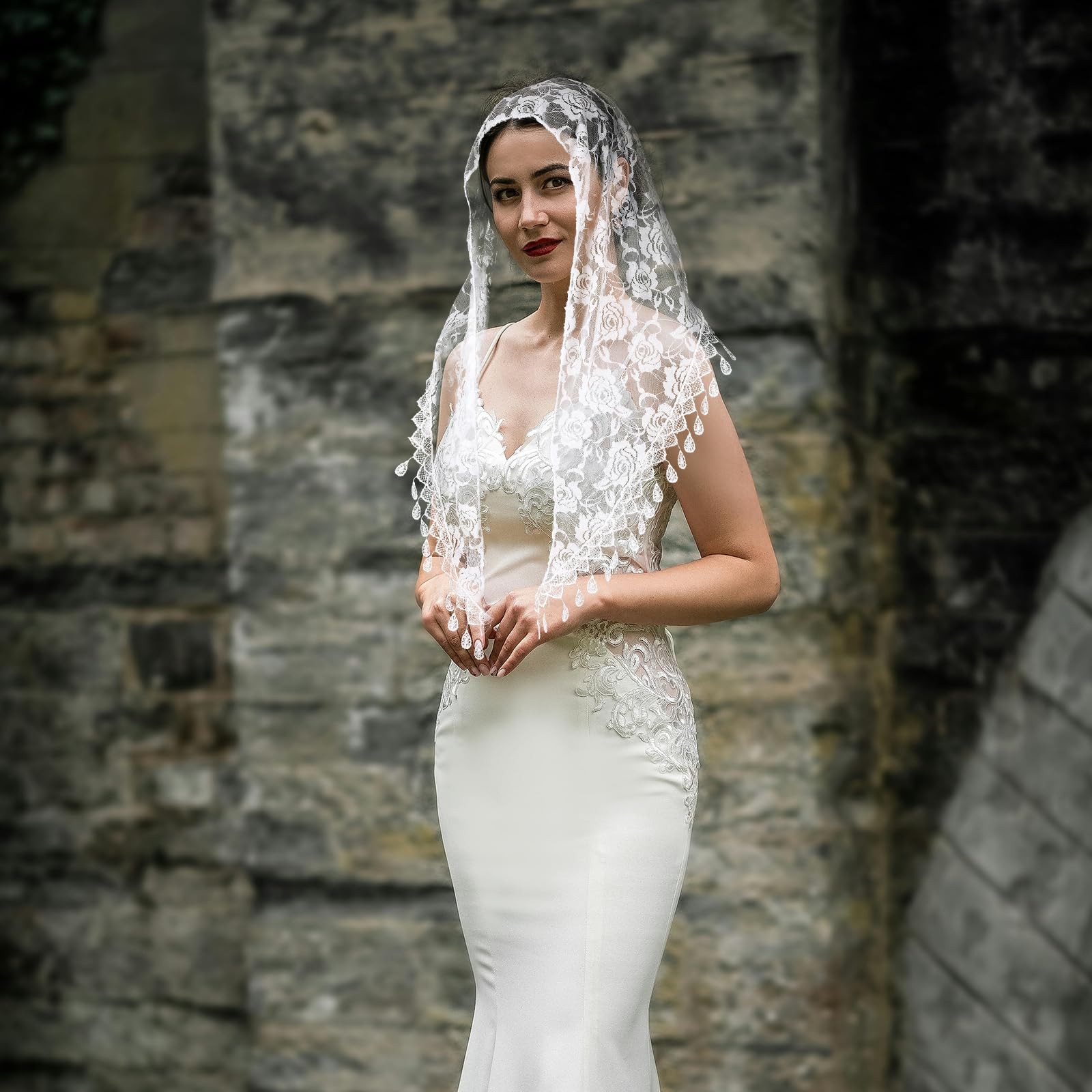 2 Pcs Mass Veil Triangle Mantilla Cathedral Head Covering, Chapel Veil Lace S...