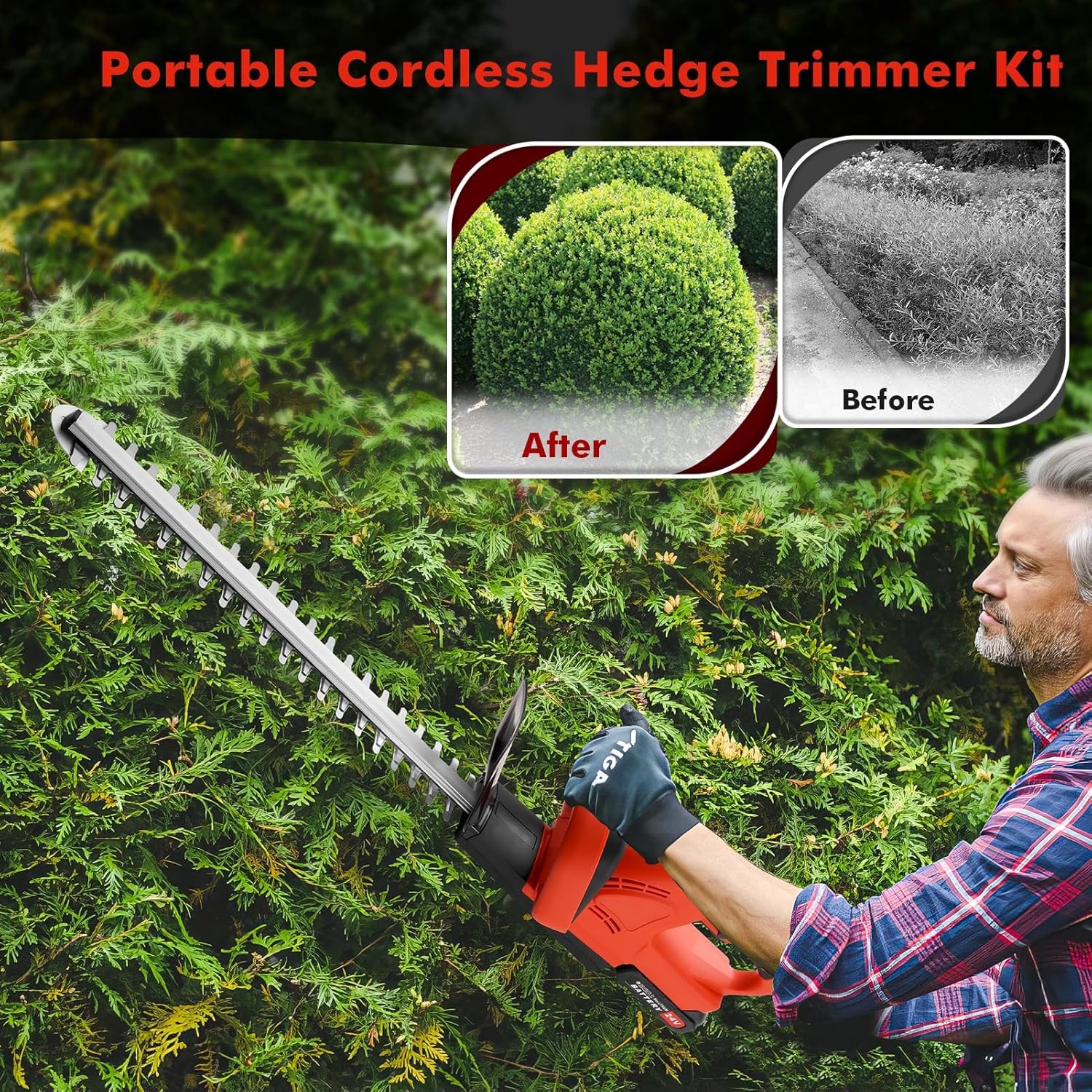 22Inch Cordless Hedge Trimmer Cordless Electric Hedge Trimmer w/2* 24V Battery
