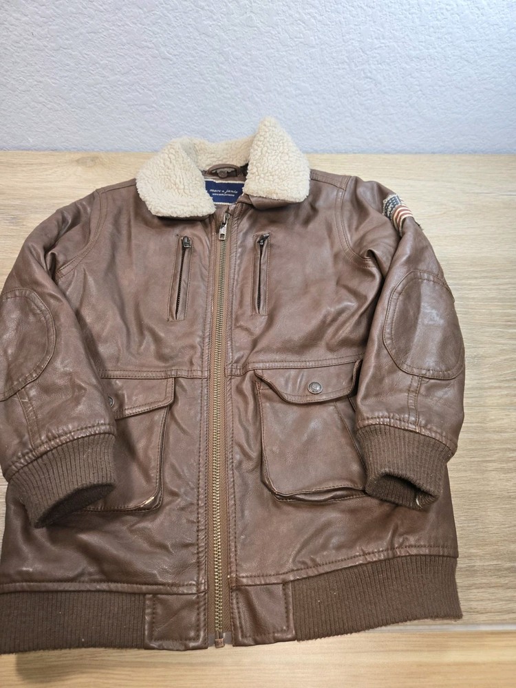 Marc & Janie Boys Bomber Jacket. Brown. Removable Collar. Patch. Zipper.