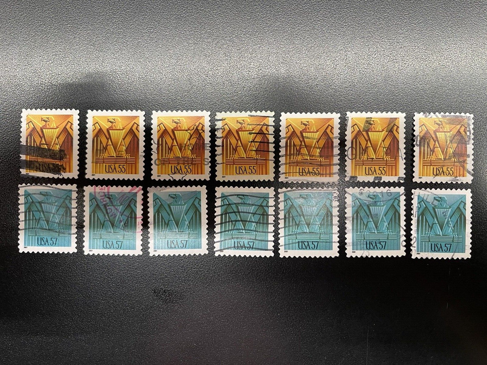1-Used US  Stamp Set. #3471-3471a. 55c & 57c Art Deco Eagles. Quantity Available