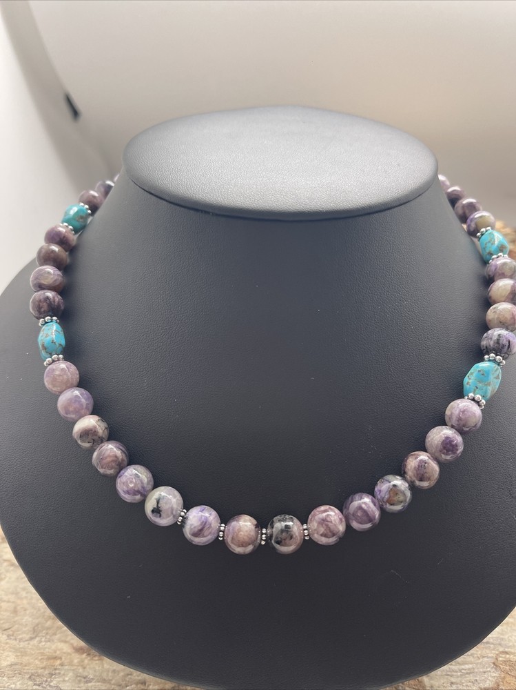 Sterling Silver Charoite Bead Necklace.