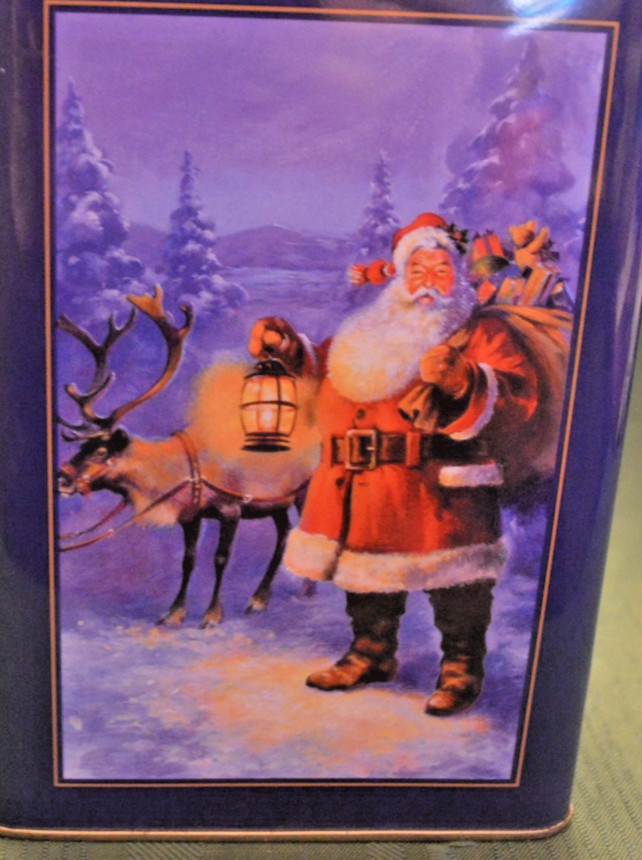 Christmas Rectangular Tin Wire Bail Lid Santa w/Reindeer, Bag, Lantern