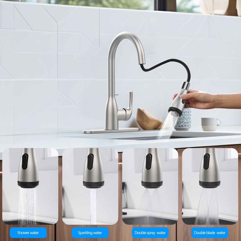 Kitchen Faucet with Pull Down Sprayer and 4 Spraying Modes Brushed Nickel