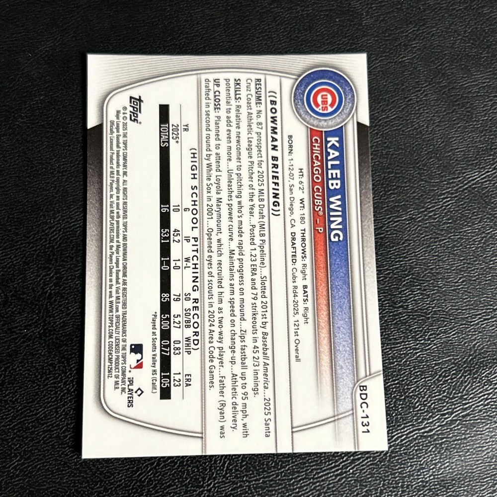 2025 Bowman Chrome Draft Kaleb Wing 1st Chicago Cubs