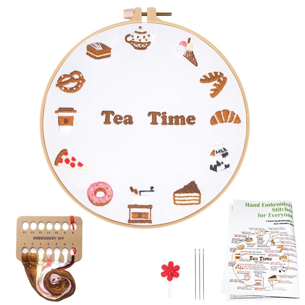 Topapfo Advanced Embroidery Kit with Beginner Tutorials, 9.5 inches, tea time