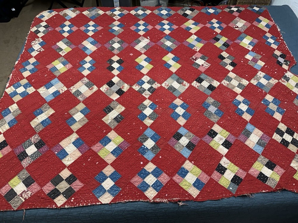 Vtg Nine Patch on Point Quilt Hand Sewn Red Feedsack Patchwork Distressed *Read