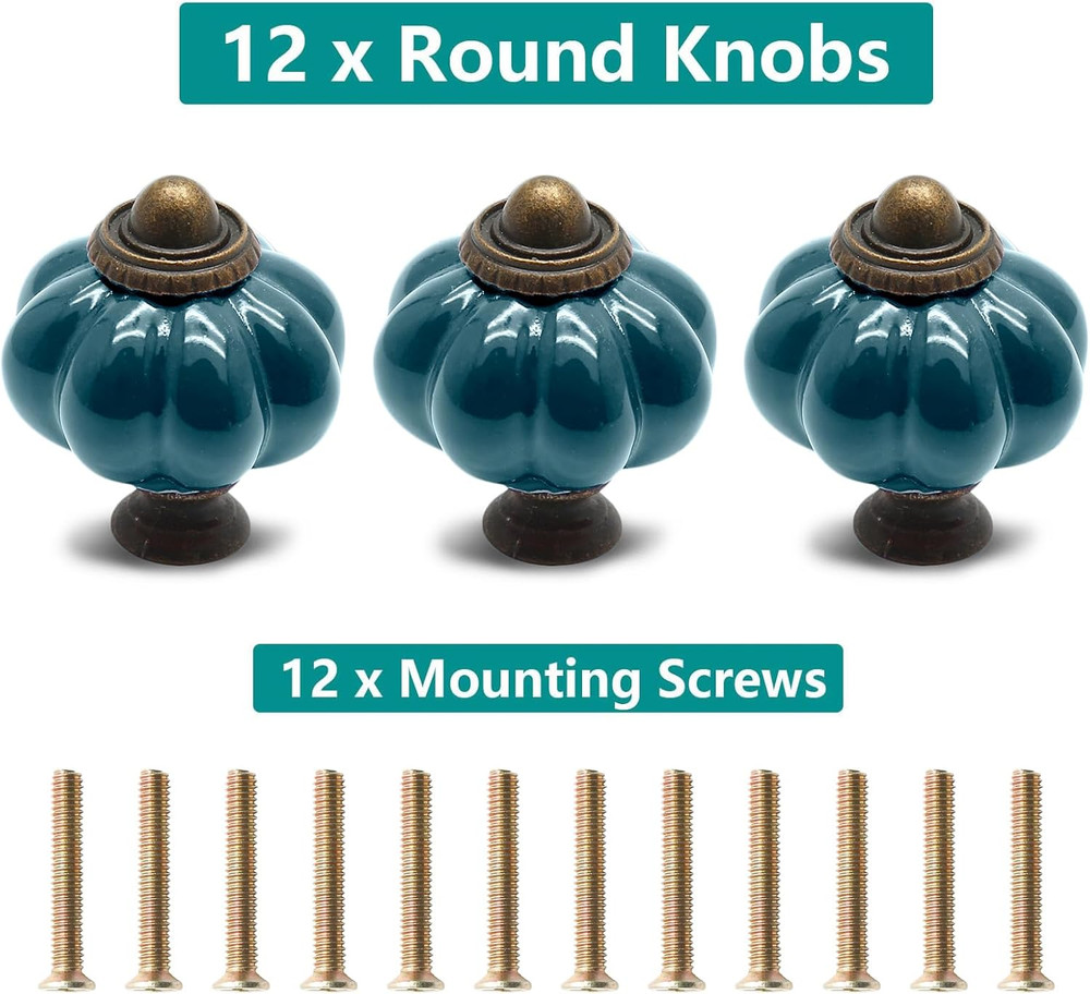 12pcs Teal Vintage Ceramic Cabinet Knobs and Drawer Pulls with Mounting Screws