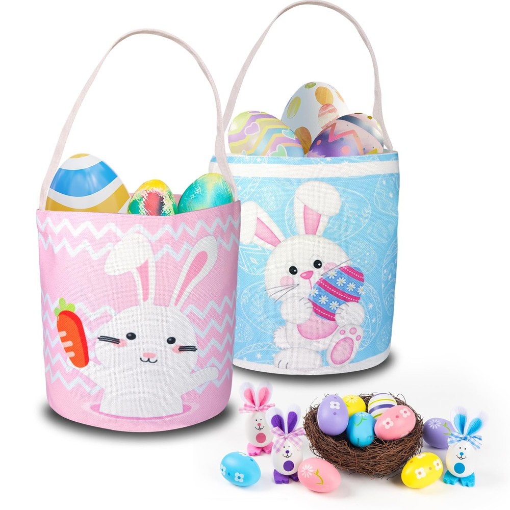 2 Pcs Easter Egg Baskets for Kids, Easter Eggs Hunt Basket for Kids Empty, Pi...