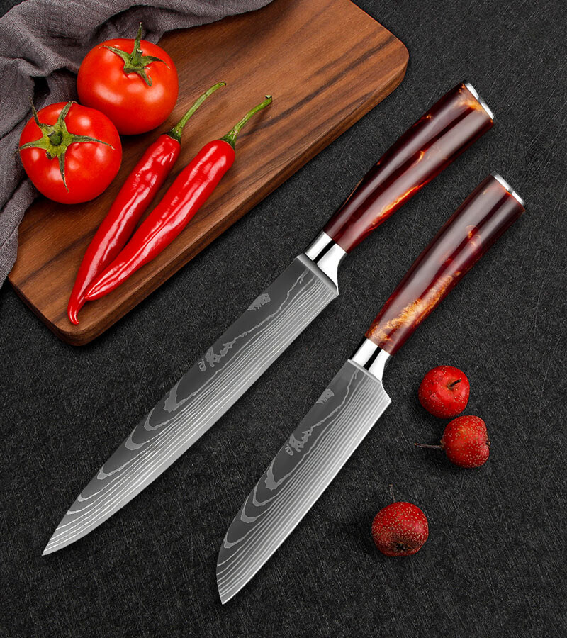 2PC Japanese Damascus Pattern Chef Knives Cleaver Kitchen Knife Set With Sheath