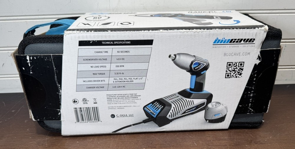 New - BLUCAVE Flashlight Cordless Screwdriver Tool Charger, Bits & Light NIB