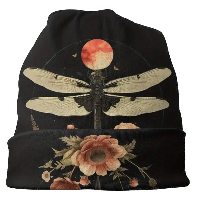 Moon & Dragonfly Beanie Hat Cap Skully Reversible Stretch