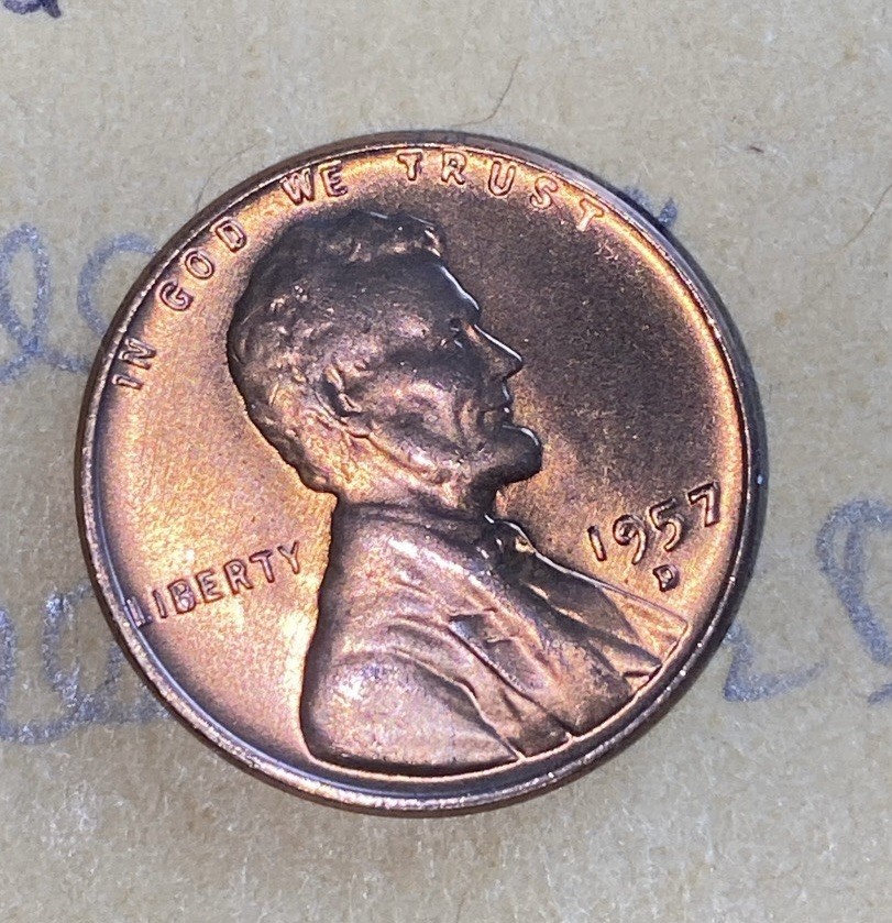 1957-D Error Lincoln Cent, Filled 9 and B. Uncirculated From Roll