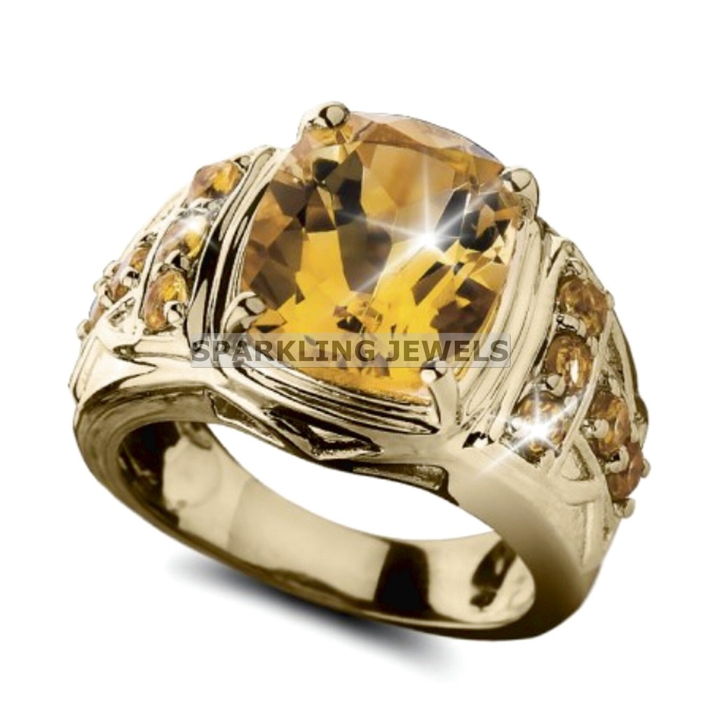 Lustrous Citrine Cushion Cut With 14K Solid  Gold  Ring For Men #C165