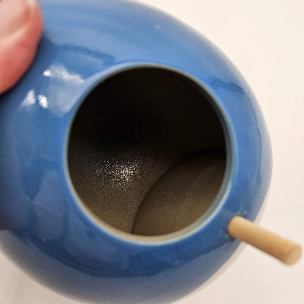 Ceramic Birdhouse Blue Egg Shaped Wood Perch