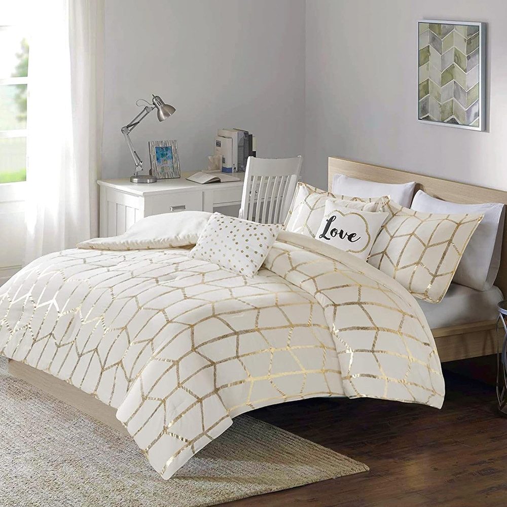 Raina King/Cal King Comforter Set, Soft Microfiber, Modern Geometric Metallic Be