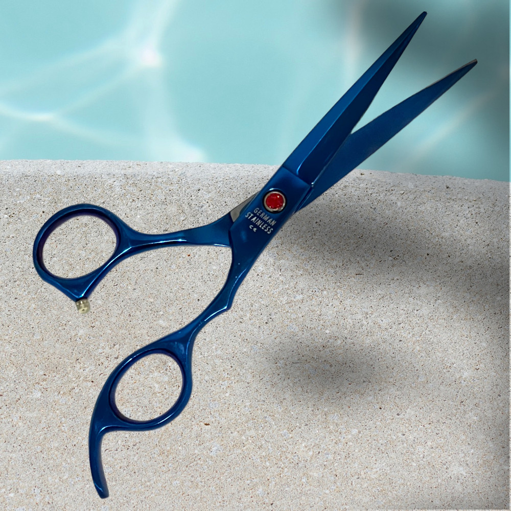 1 Each- Hair Cutting Scissors With Finger Rest - Titanium Blue Razor Sharp