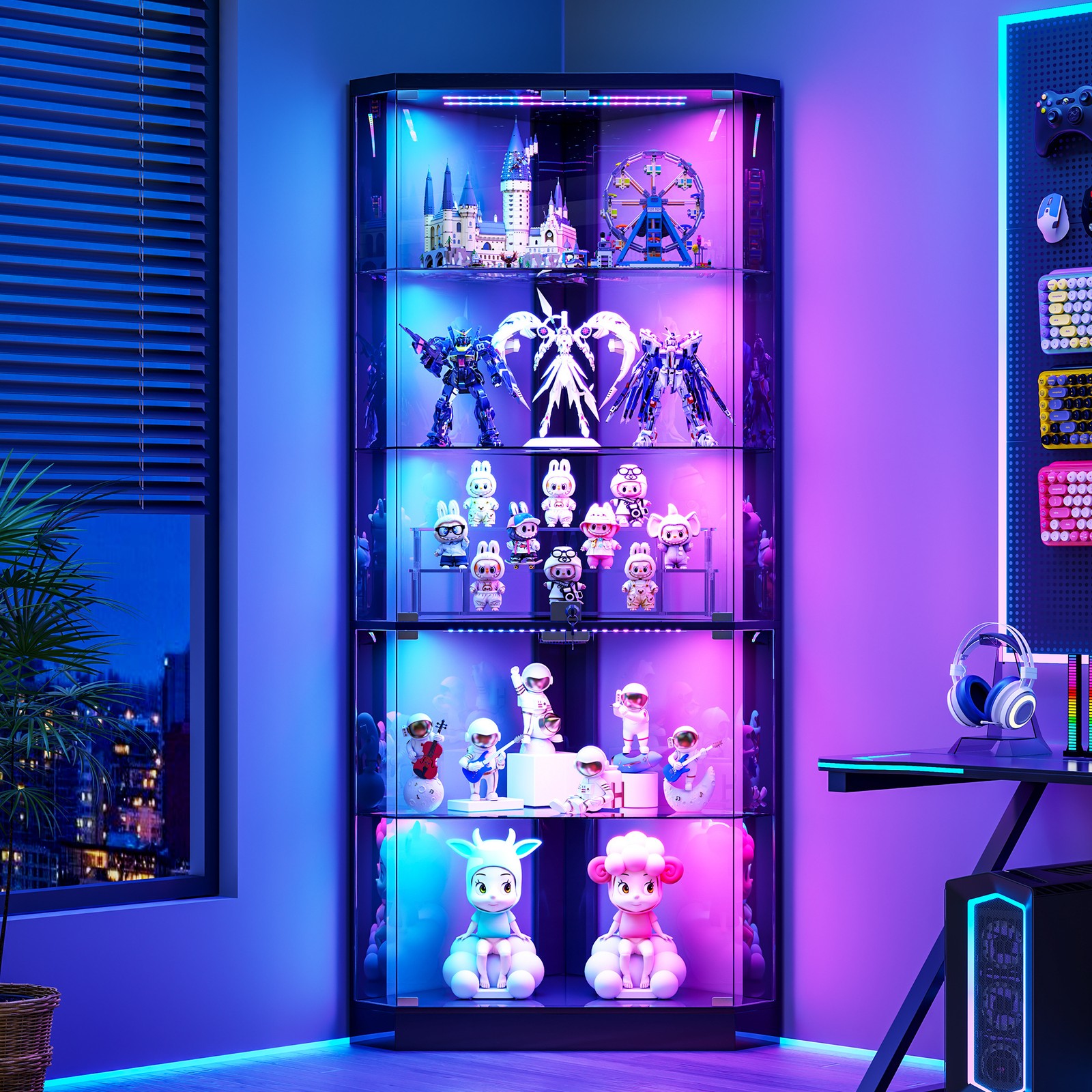 Black Curio Cabinets with RGB Lights, 69" Tall Display Cases for Collectibles