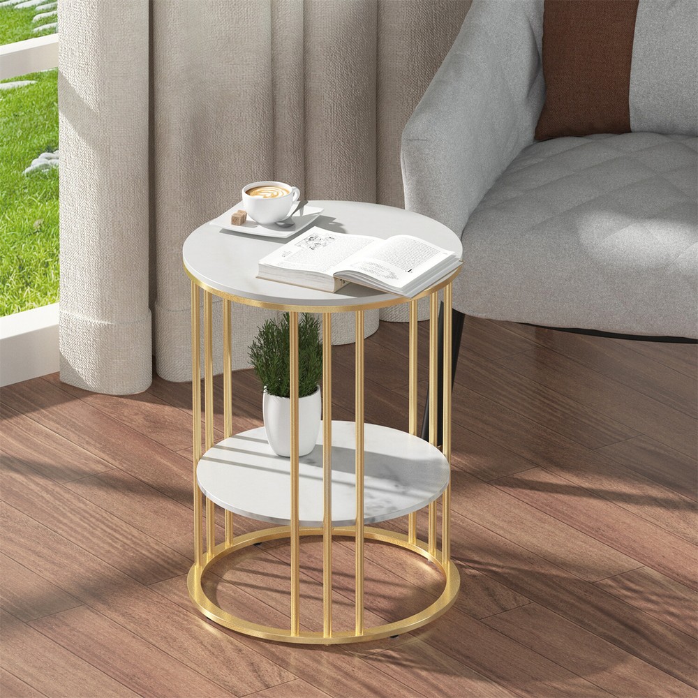 Gold Side End Table, 2 Tier Round Marble Side Table with Storage Shelf Modern