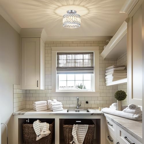 Crystal Ceiling Light, Modern Semi Flush Mount Ceiling Lighting 9in Chrome