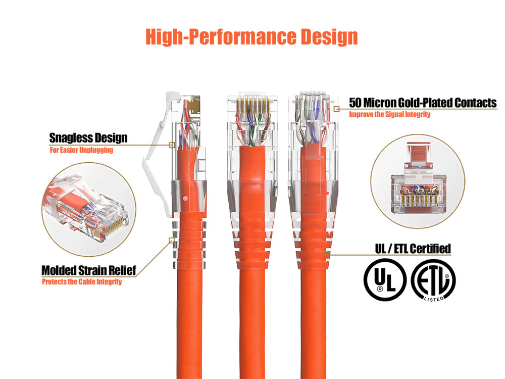 5ft Cat6 Ethernet Patch Cable with Clear Boot, UTP, Pure Bare Copper, Orange