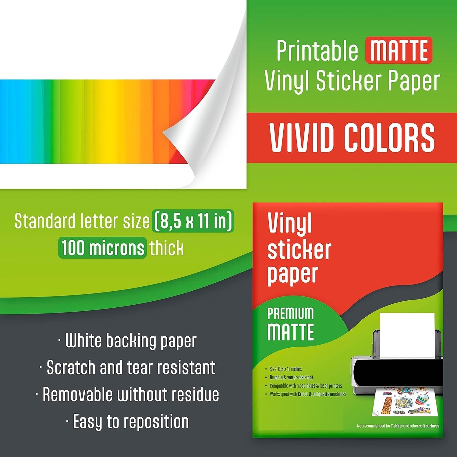 100 Matte 8.5"x11" Printable Vinyl Sticker Paper for Inkjet Laser Waterproof