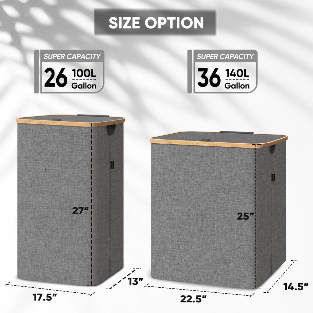 Laundry Hamper with Lid, Tall Laundry Baskets with Bamboo Pull Handles, Large...