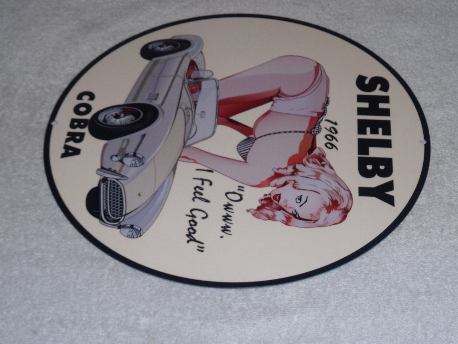 VINTAGE 1966 FORD SHELBY COBRA SPORTS CAR & WOMAN 12" METAL GASOLINE & OIL SIGN!
