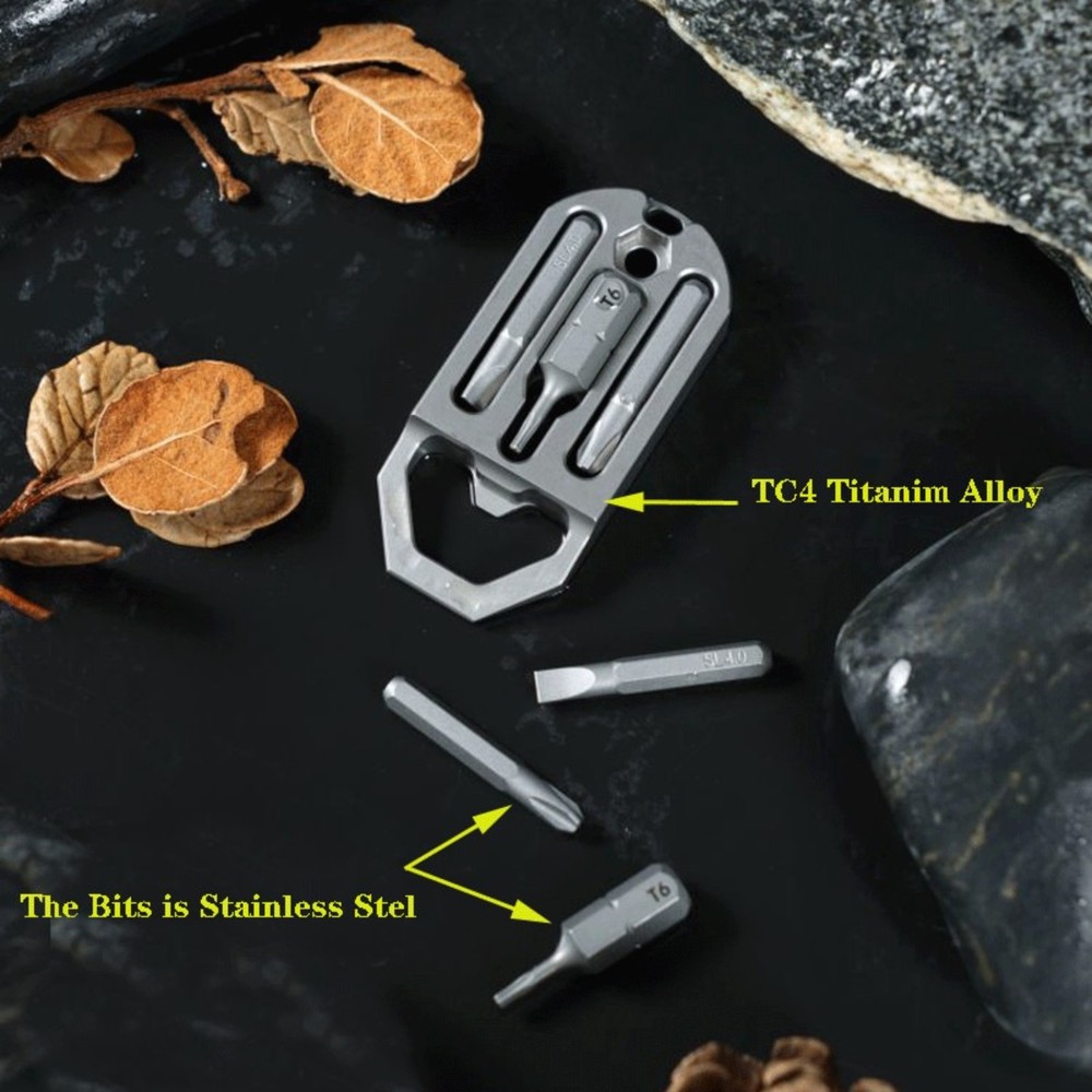 EDC Titanium Multi Tools Bottle Opener Crowbar Pocket with Bit Holder Keychain