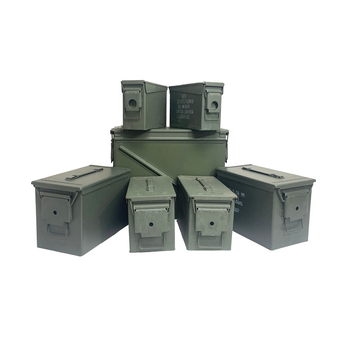 Ammo Cans Combo Grade 1 - 7 Pack (2) Fat 50 Cal (2) 30 Cal, (2) 50 Cal, (1) 548