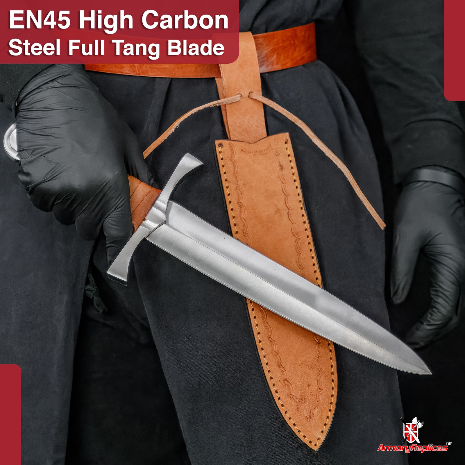 Medieval Cosplay Dagger Replica Carbon Steel Blade Leather Wrap Handle & Sheath