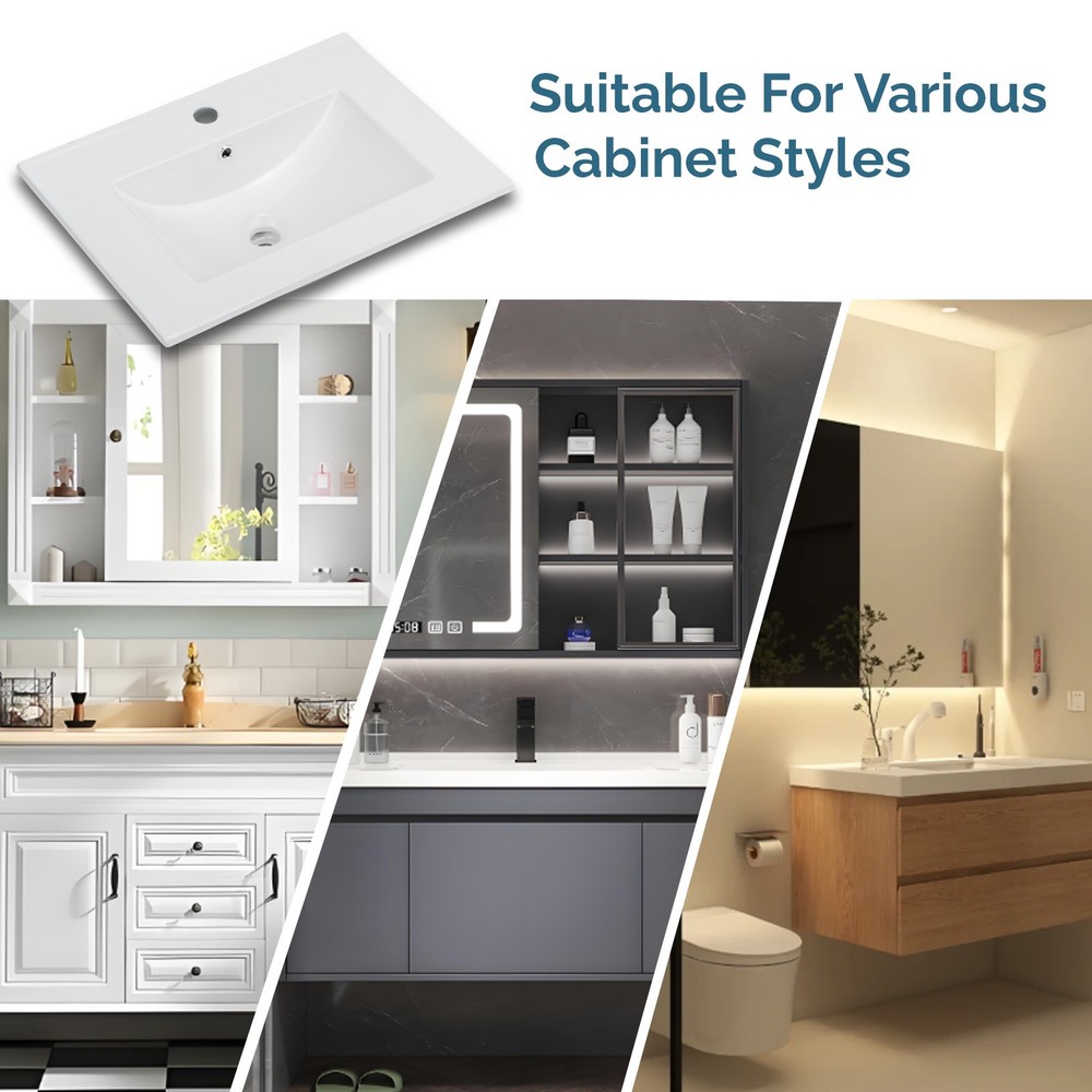 24" Ceramic Vanity Top Sink, Modern Rectangular Bathroom Basin with Faucet Hole