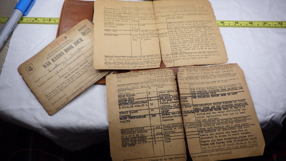 Vintage WWII War Rations Leather Book Four w/ Stamps Emergency First Aid 1994