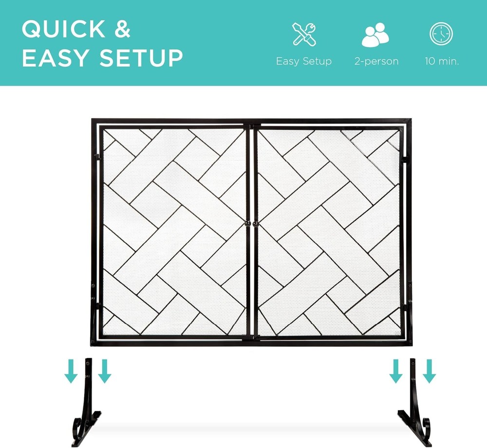 44x33in 2-Panel Handcrafted Wrought Iron Decorative Mesh Fireplace Screen